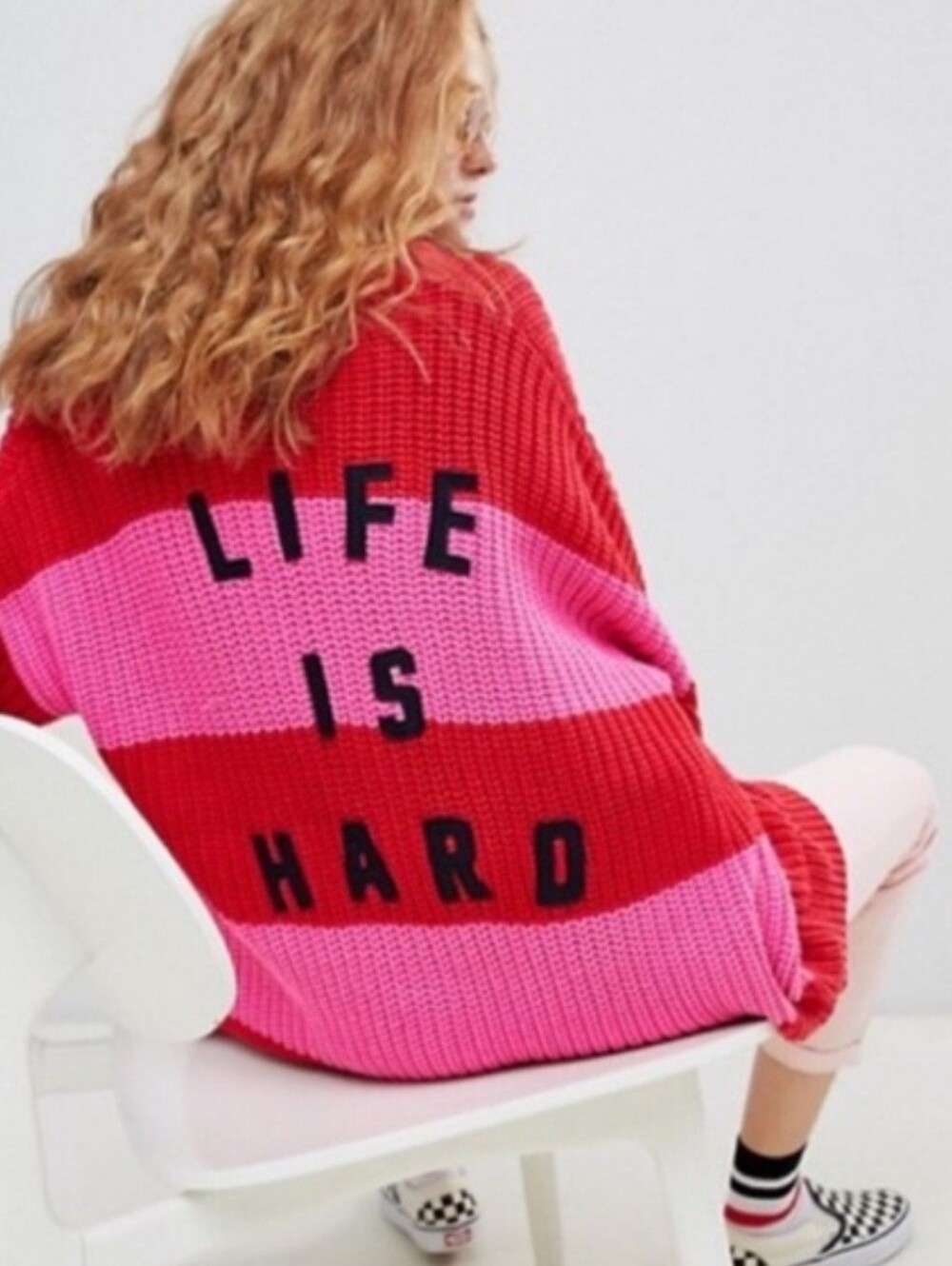 Lazy Oaf 'Life Is Hard' Red & Pink Striped Chunky Knit Cardigan